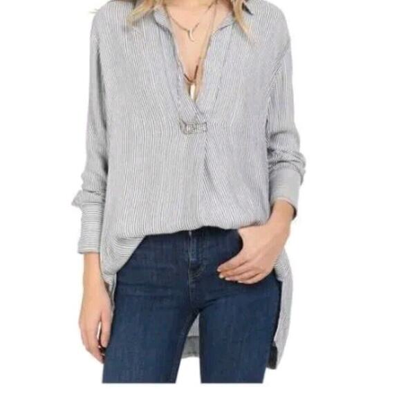 Free People On the Road Stripes Oversize Hi-Lo Hem Oxford Shirt Top S Women - Picture 1 of 12